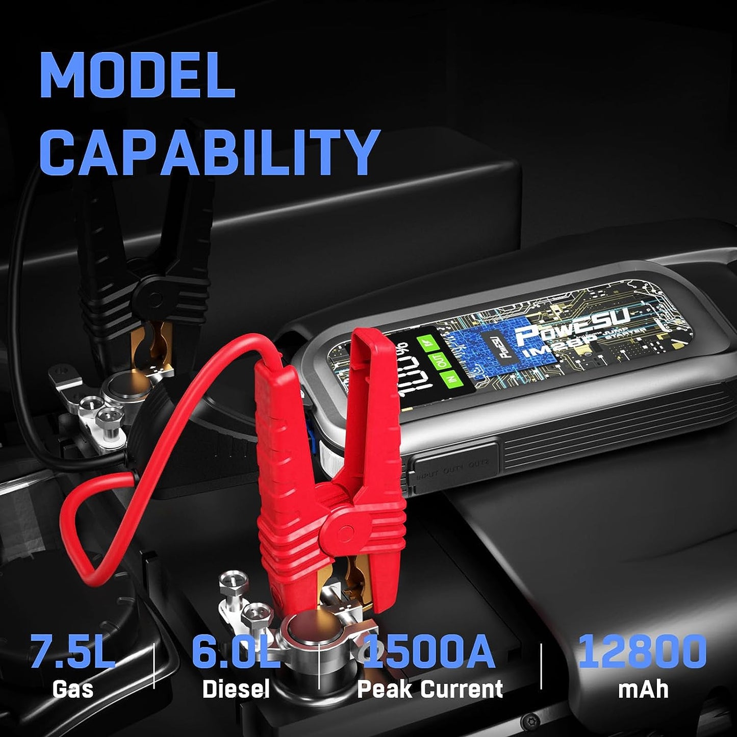 Powesu portable Car Battery Jump Starter - 1500A Peak 12800mAH