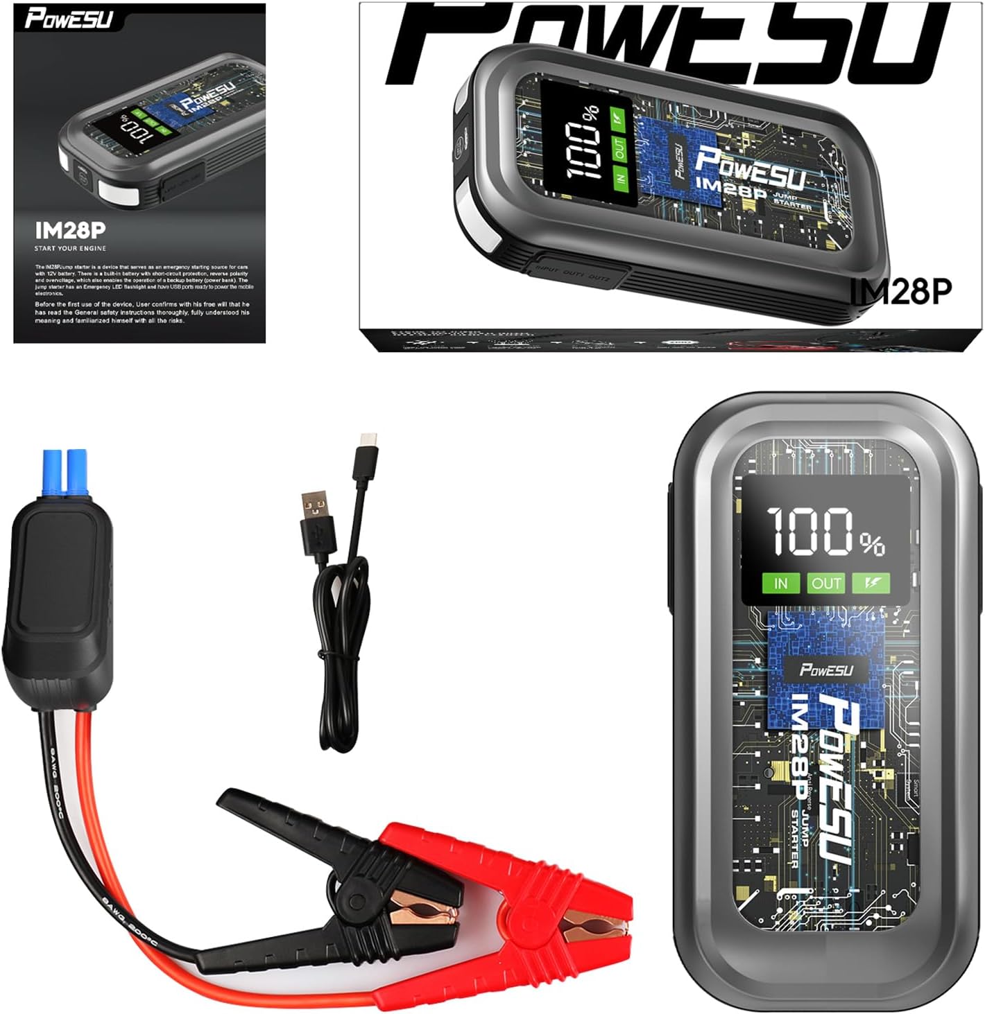 Powesu portable Car Battery Jump Starter - 1500A Peak 12800mAH