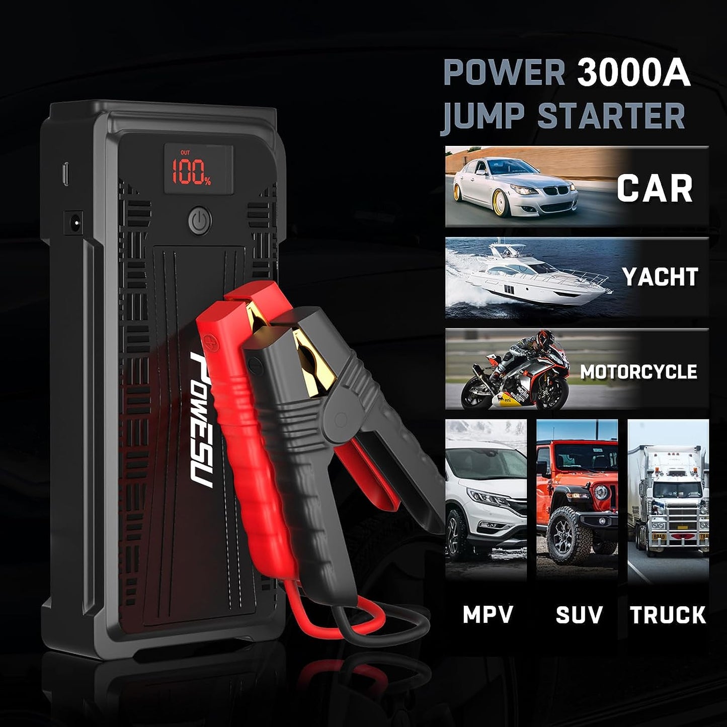 Powesu portable Car Battery Jump Starter - 3000A Peak 20000mAH