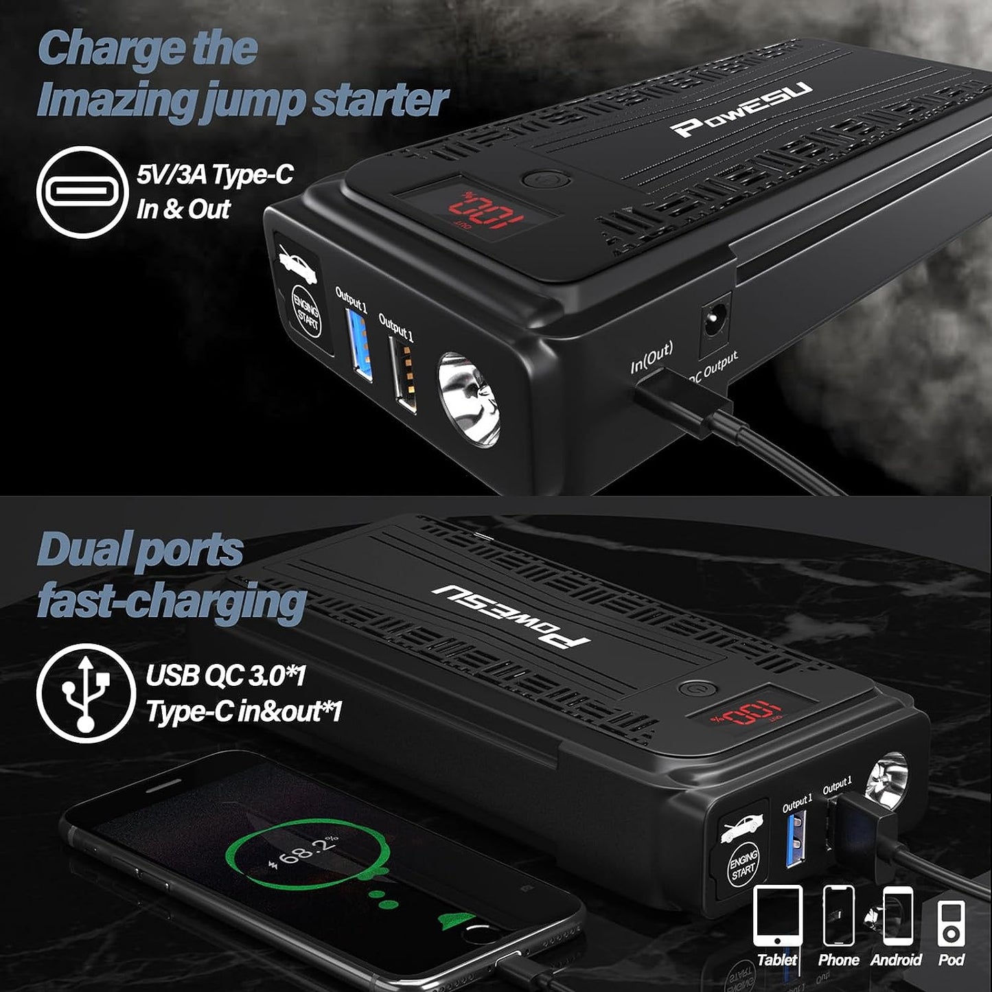 Powesu portable Car Battery Jump Starter - 3000A Peak 20000mAH