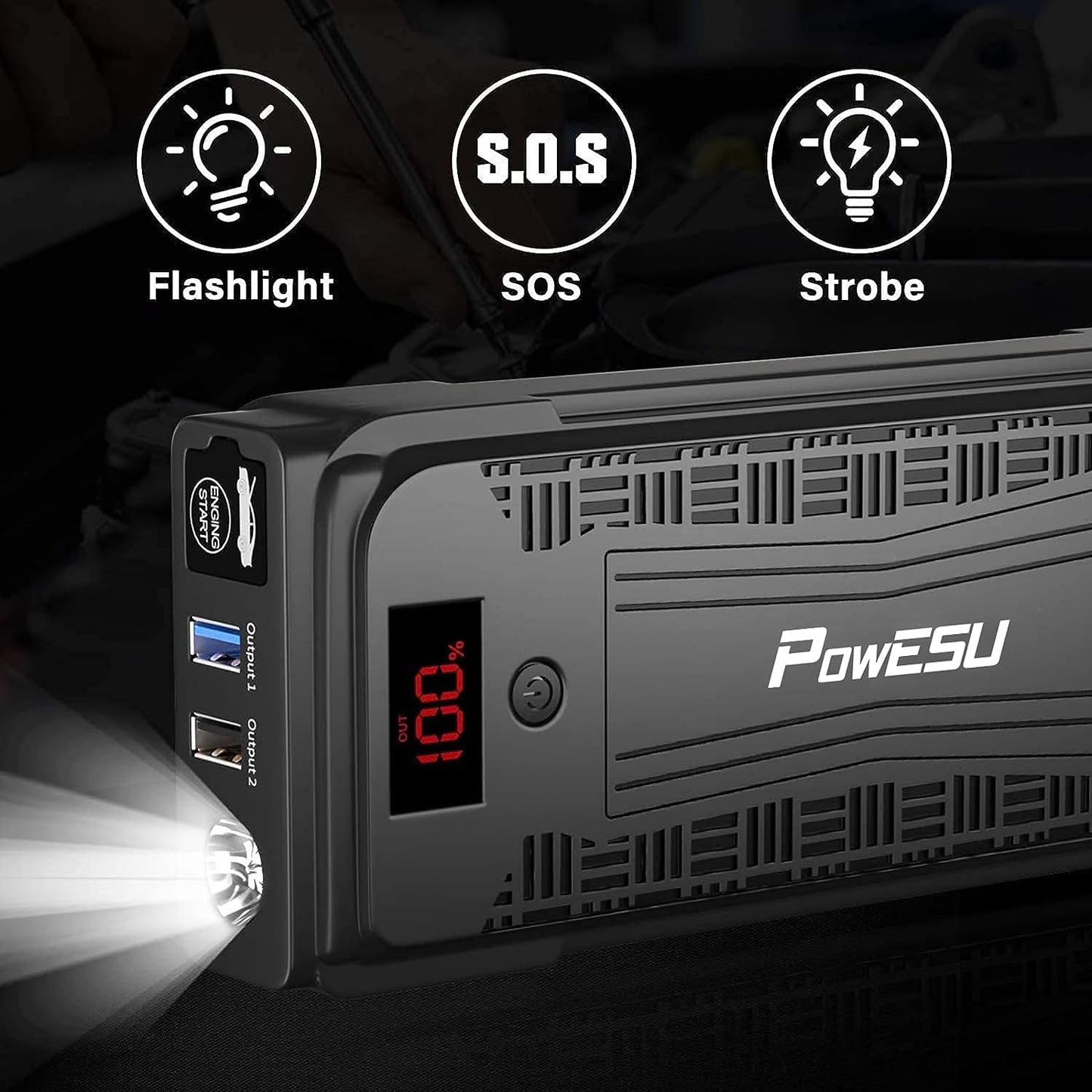 Powesu portable Car Battery Jump Starter - 3000A Peak 20000mAH