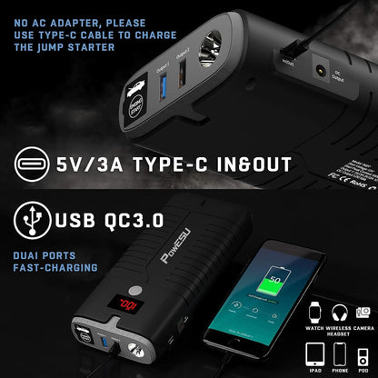 Powesu portable Car Battery Jump Starter - 2000A Peak 18000mAH