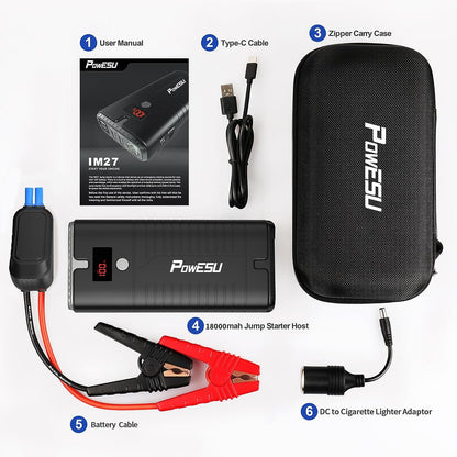 Powesu portable Car Battery Jump Starter - 2000A Peak 18000mAH