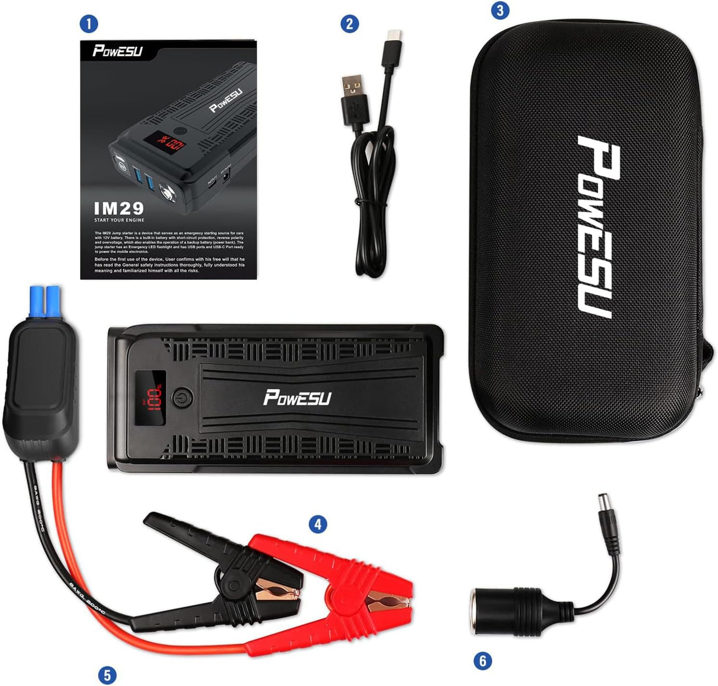 Powesu portable Car Battery Jump Starter - 3000A Peak 20000mAH